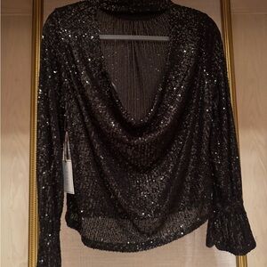 Black Sequin Ruffled Long Sleeve Blouse